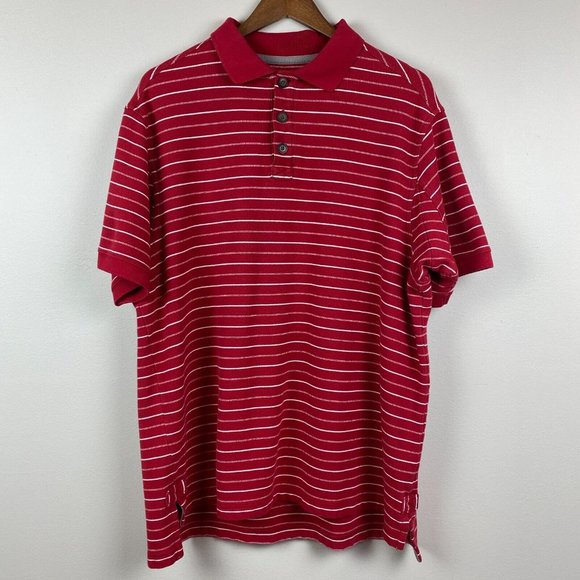 Duluth Trading Company Polo Shirt Large Mens Red Stripe Short Sleeve Longtail L - Picture 1 of 8